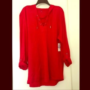 INC Red Tunic Hoodie with 3/4 Sleeves